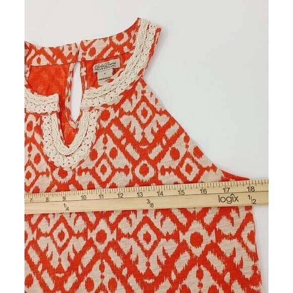 Lucky Brand Womens Top Medium Orange Ikat Print Halter Crochet Trim Boho Summer - Picture 8 of 9